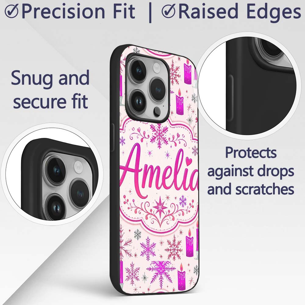 Pink Candle Snowflake Winter Festive Seamless Custom Name Protective Phone Case Mobile Cover Durable Everyday Smartphone Shock Resistant