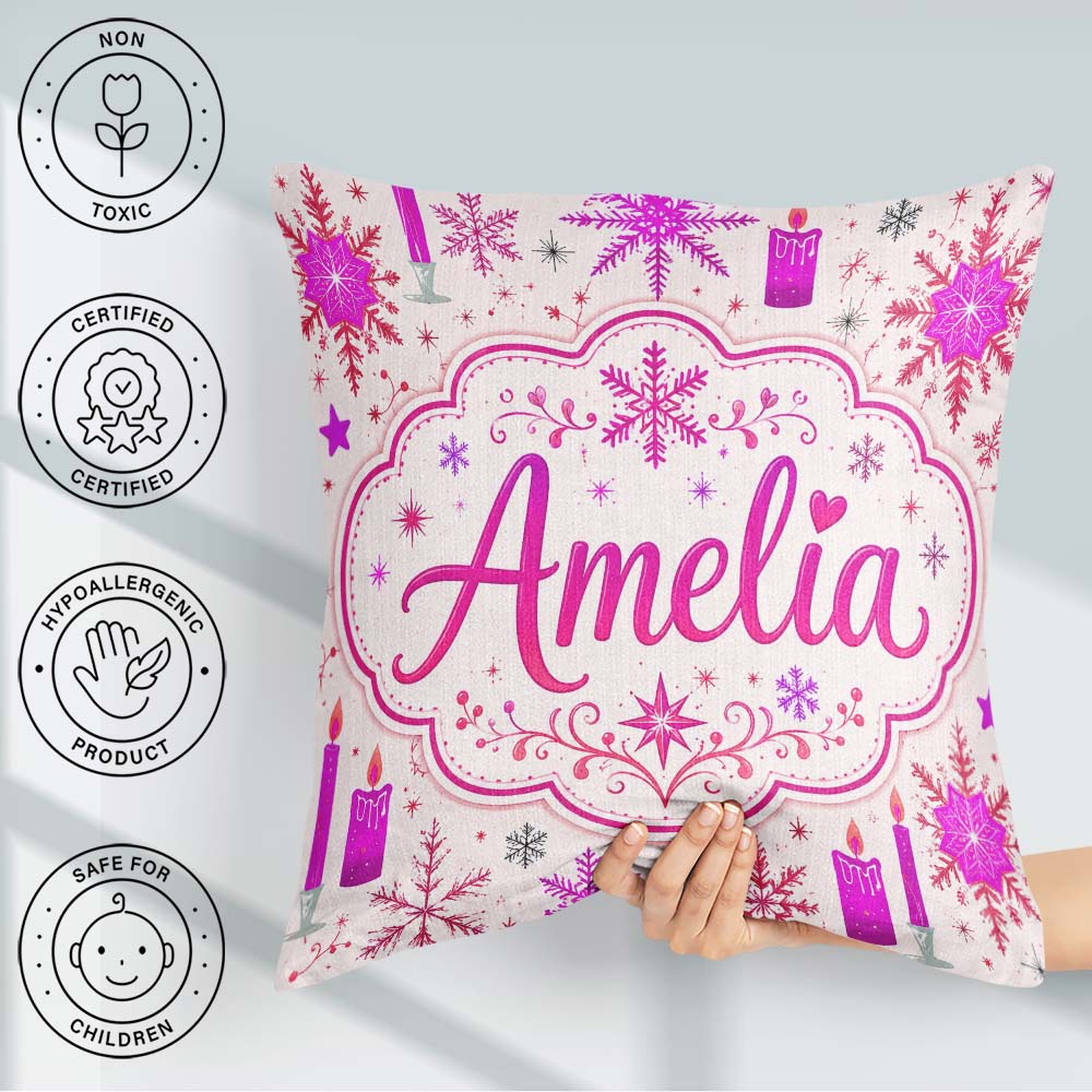 Custom Name Pink Candle Snowflake Winter Festive Seamless Lovely Square Filled Cushion Throw Pillow Sofa Bed Home Decor Zip Washable UK Made