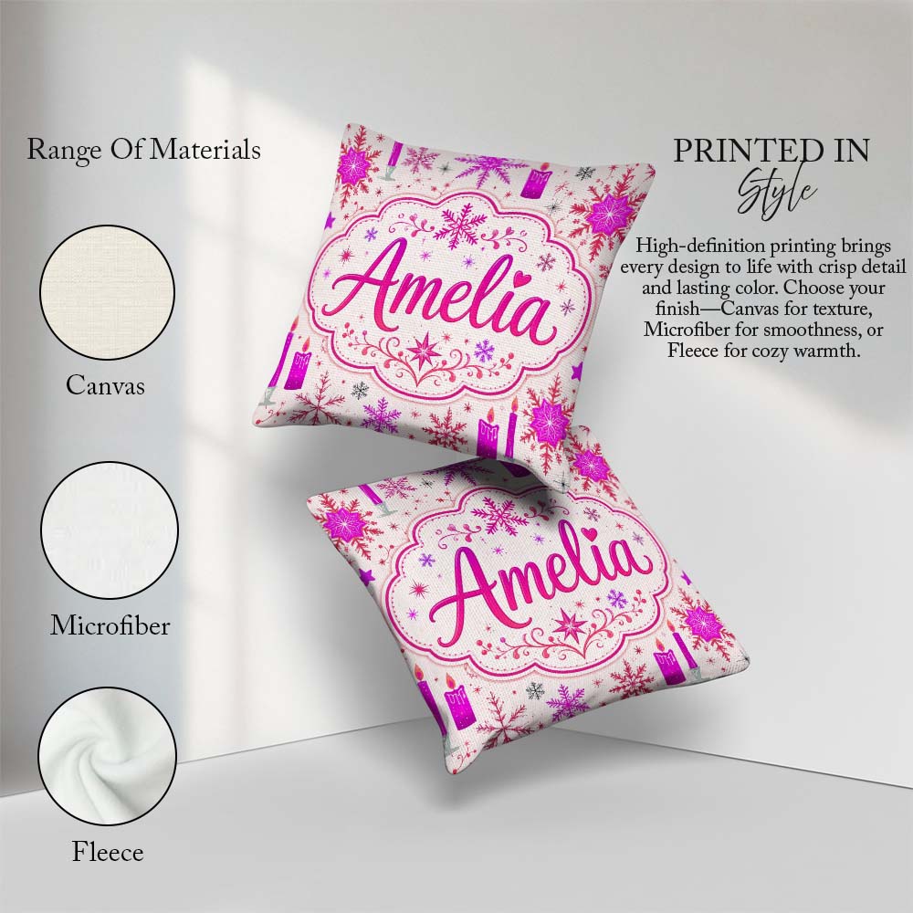 Custom Name Pink Candle Snowflake Winter Festive Seamless Lovely Square Filled Cushion Throw Pillow Sofa Bed Home Decor Zip Washable UK Made