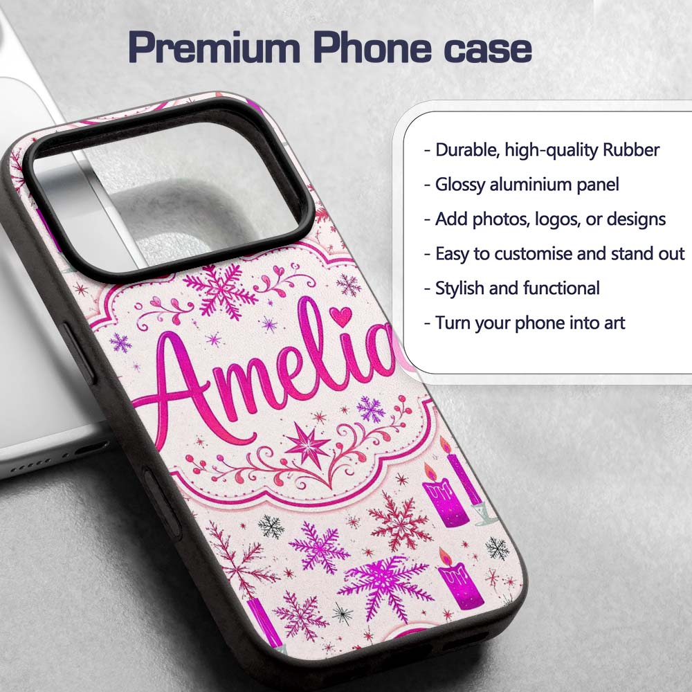 Pink Candle Snowflake Winter Festive Seamless Custom Name Protective Phone Case Mobile Cover Durable Everyday Smartphone Shock Resistant