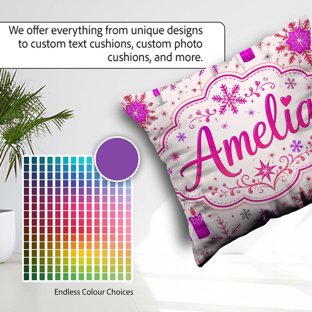 Custom Name Pink Candle Snowflake Winter Festive Seamless Lovely Square Filled Cushion Throw Pillow Sofa Bed Home Decor Zip Washable UK Made