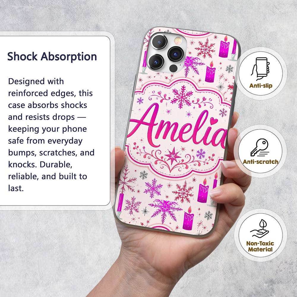 Pink Candle Snowflake Winter Festive Seamless Custom Name Protective Phone Case Mobile Cover Durable Everyday Smartphone Shock Resistant