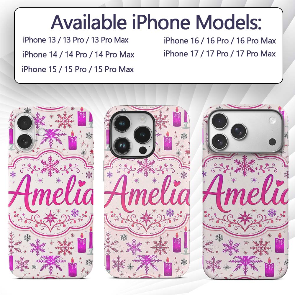 Pink Candle Snowflake Winter Festive Seamless Custom Name Protective Phone Case Mobile Cover Durable Everyday Smartphone Shock Resistant