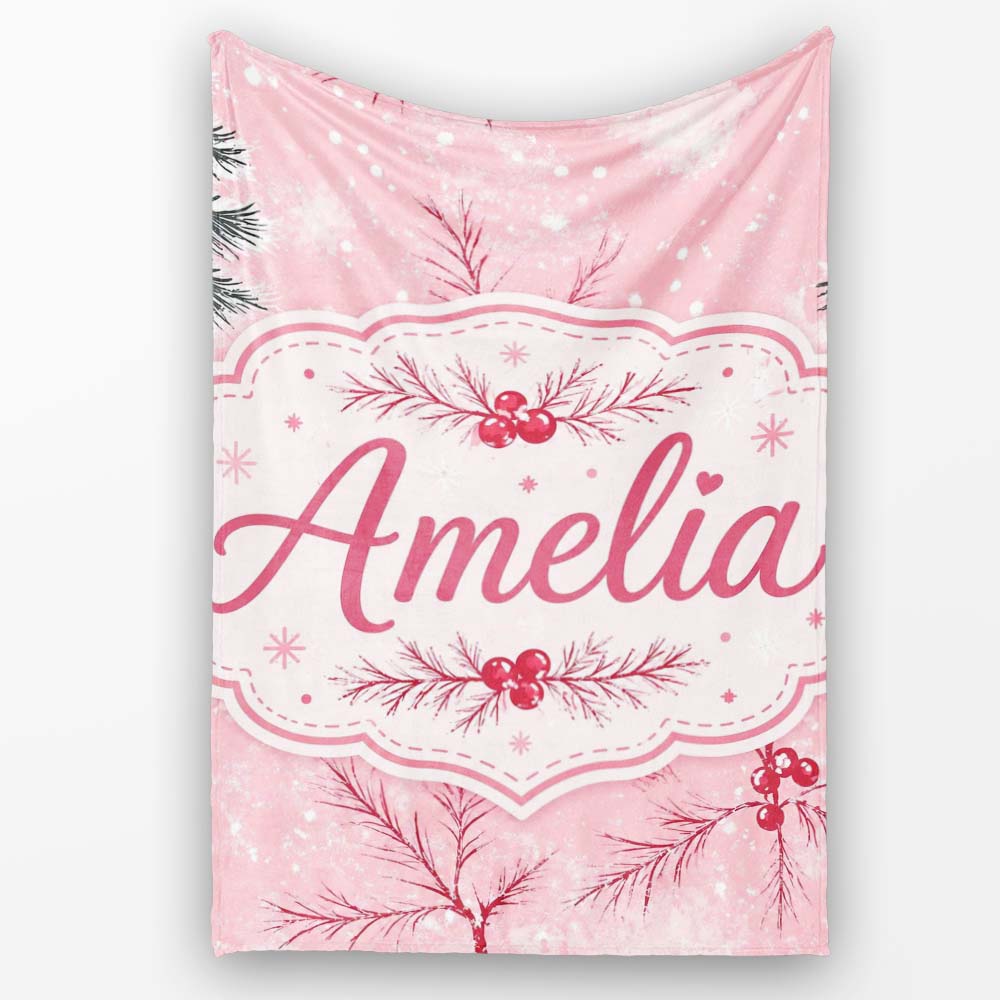 Winter Berry Pine Branch Snow Seamless Pattern Thoughtful Gift Idea Personalised Custom Name Super Soft Fleece Blanket Bed Sofa Throw