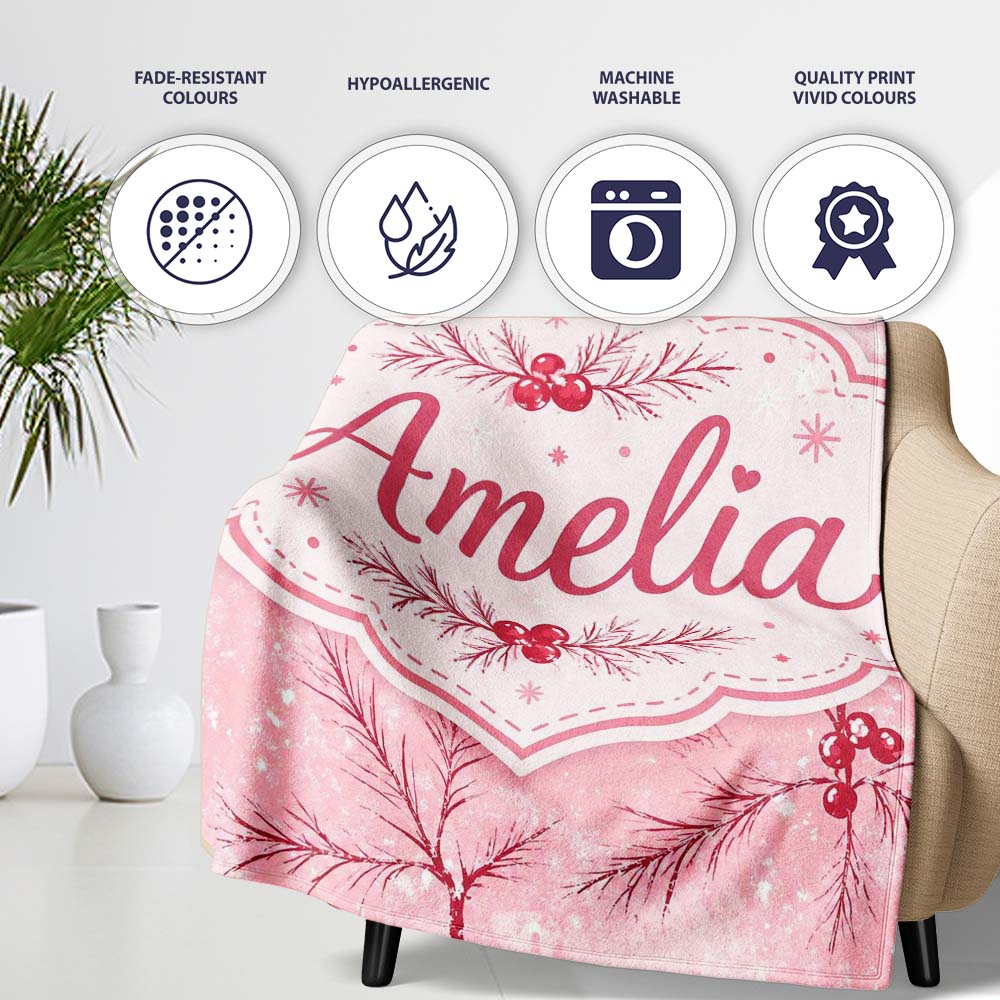 Winter Berry Pine Branch Snow Seamless Pattern Thoughtful Gift Idea Personalised Custom Name Super Soft Fleece Blanket Bed Sofa Throw