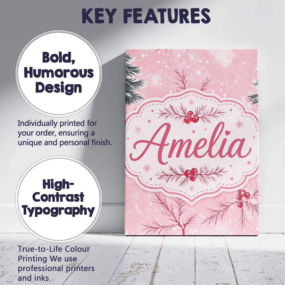 Personalised Name Winter Berry Pine Branch Custom Unique Gift Idea Elegant Feature Canvas Wall Art Print Decor Picture Ready to Hang