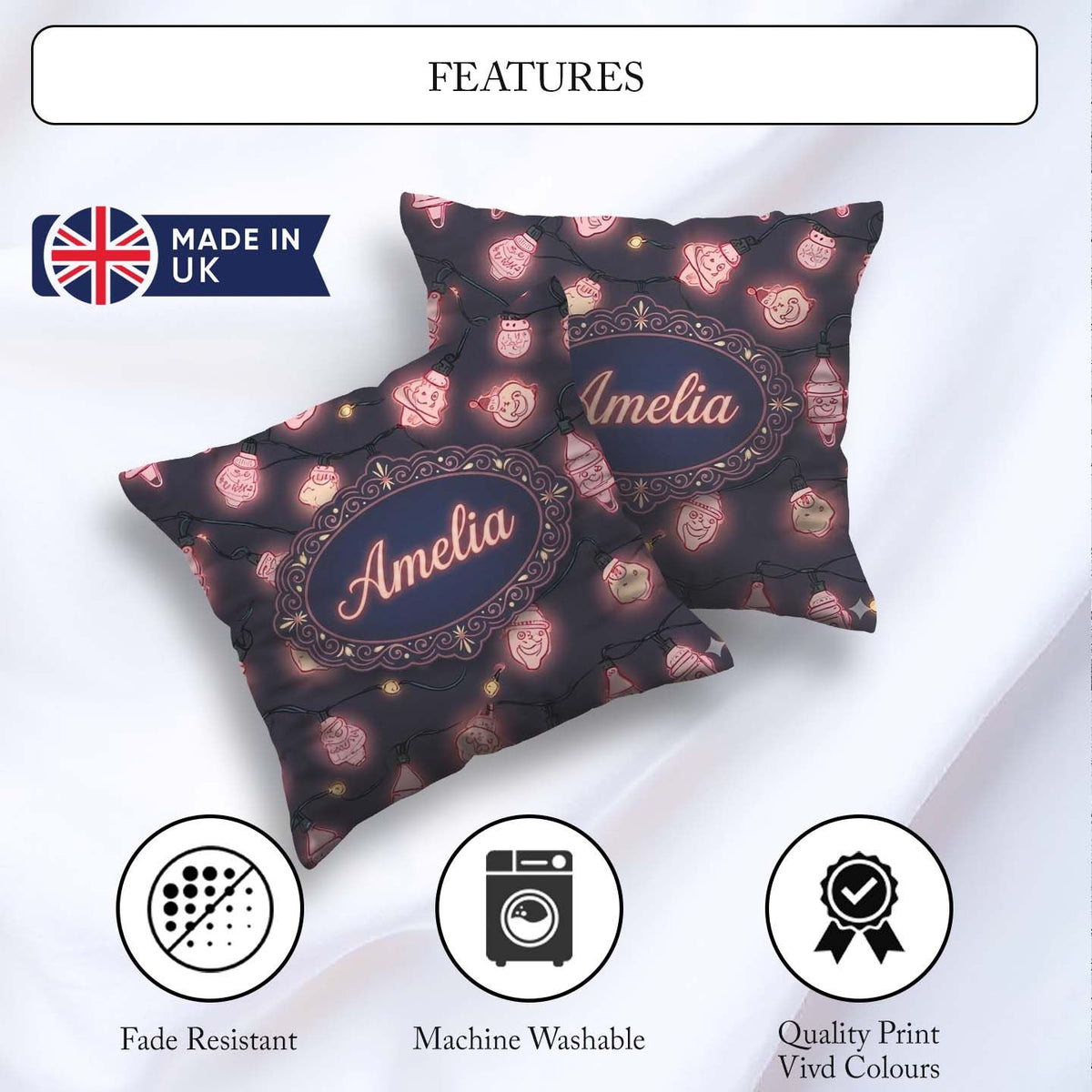 Custom Name Christmas Light Bulbs Festive Glow Seamless Pattern Square Filled Cushion Throw Pillow Sofa Bed Home Decor Zip Washable UK Made