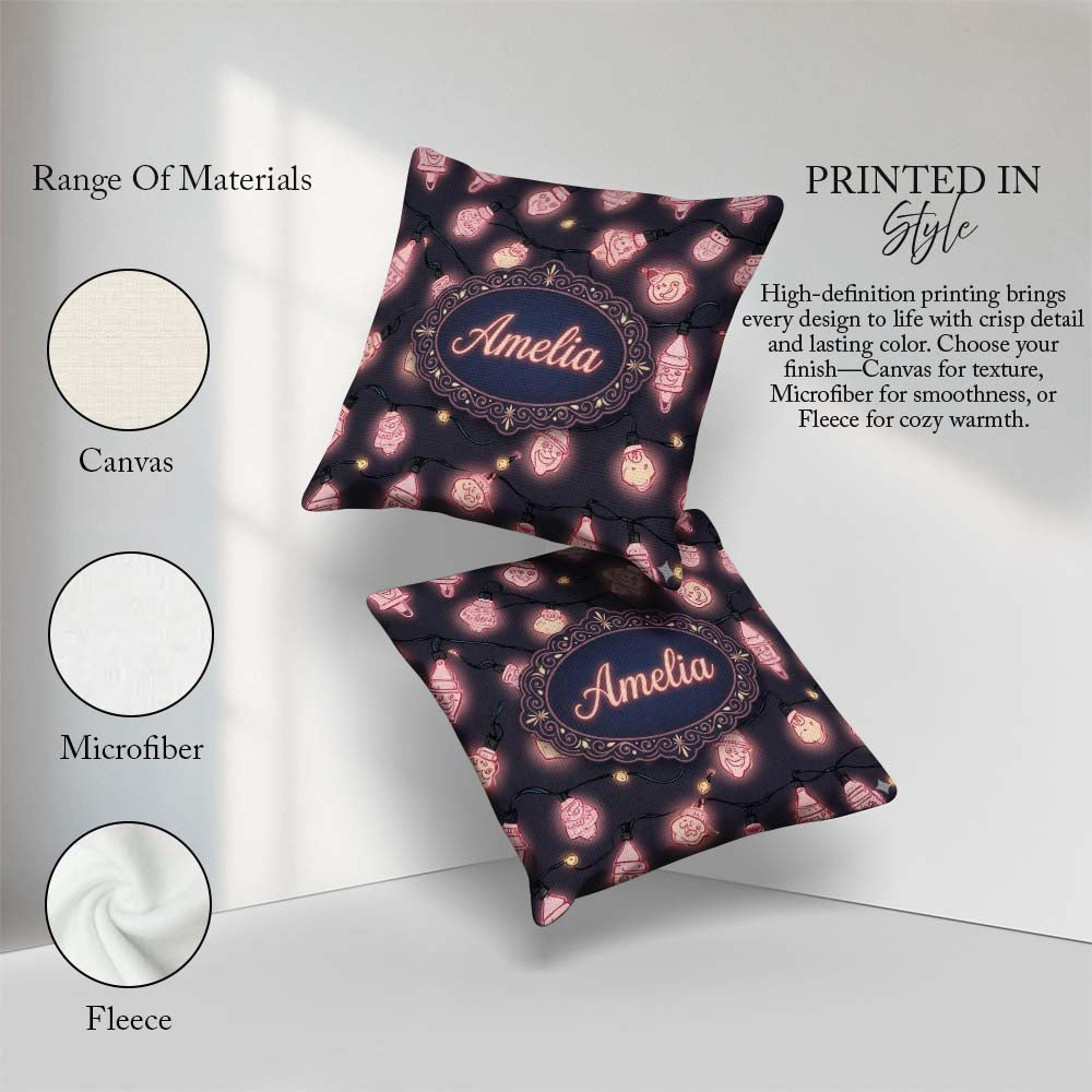 Custom Name Christmas Light Bulbs Festive Glow Seamless Pattern Square Filled Cushion Throw Pillow Sofa Bed Home Decor Zip Washable UK Made