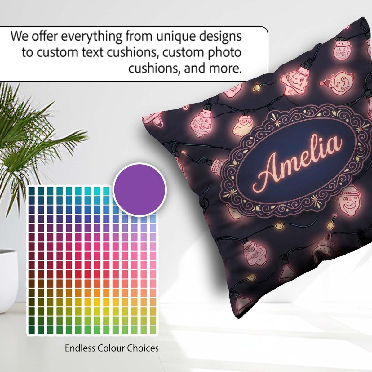 Custom Name Christmas Light Bulbs Festive Glow Seamless Pattern Square Filled Cushion Throw Pillow Sofa Bed Home Decor Zip Washable UK Made