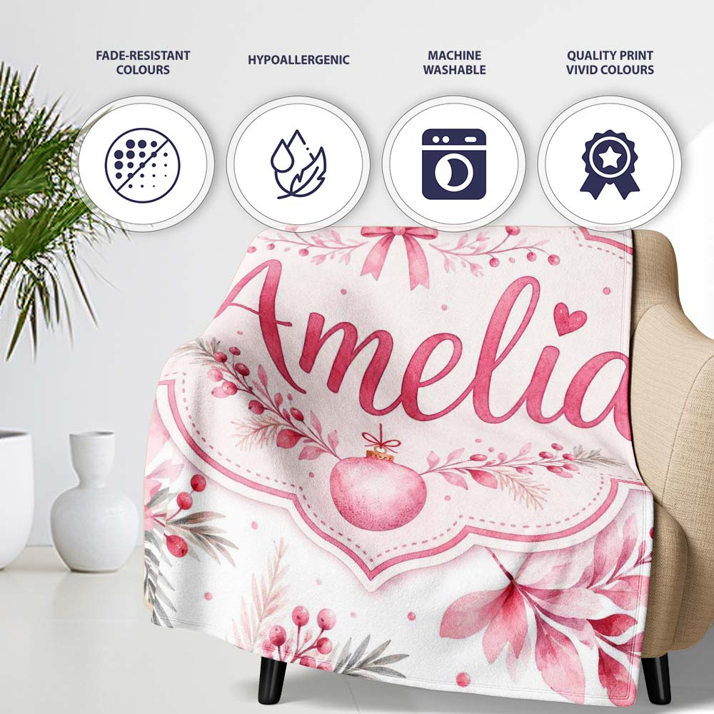 Elegant Pink Floral Christmas Bauble Watercolor Seamless Pattern Personalised Custom Name Super Soft Fleece Blanket Bed Sofa Throw