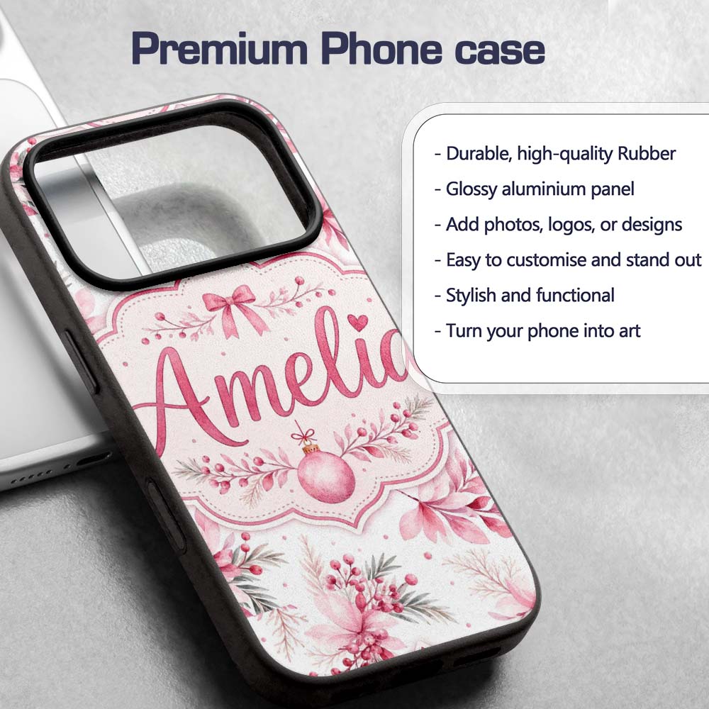 Elegant Pink Floral Christmas Bauble Watercolor Custom Name Protective Phone Case Mobile Cover Durable Everyday Smartphone Shock Resistant