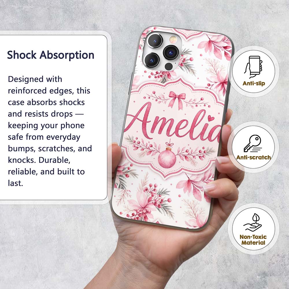 Elegant Pink Floral Christmas Bauble Watercolor Custom Name Protective Phone Case Mobile Cover Durable Everyday Smartphone Shock Resistant