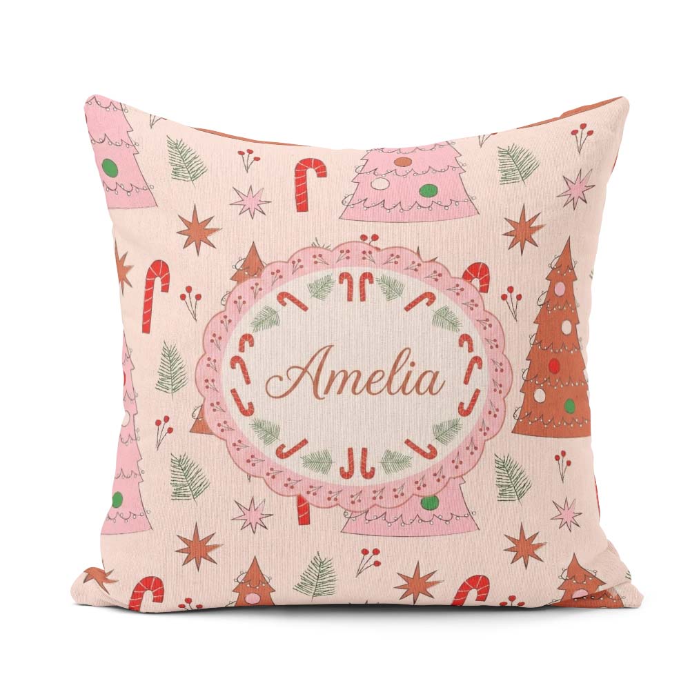 Custom Name Scandi Style Tree Candy Cane Seamless Pattern Lovely Square Filled Cushion Throw Pillow Sofa Bed Home Decor Zip Washable UK Made