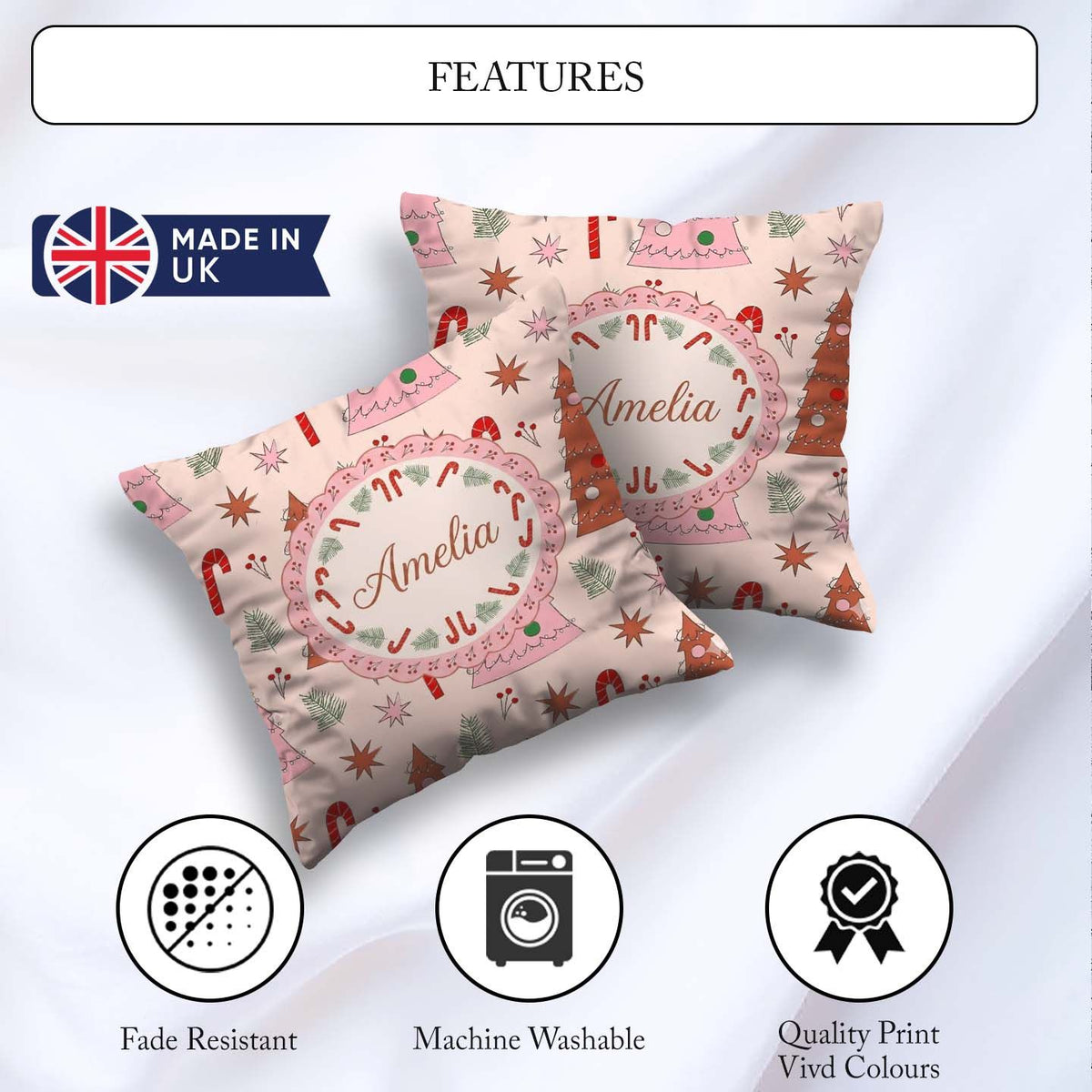 Custom Name Scandi Style Tree Candy Cane Seamless Pattern Lovely Square Filled Cushion Throw Pillow Sofa Bed Home Decor Zip Washable UK Made