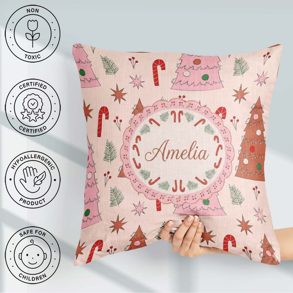 Custom Name Scandi Style Tree Candy Cane Seamless Pattern Lovely Square Filled Cushion Throw Pillow Sofa Bed Home Decor Zip Washable UK Made