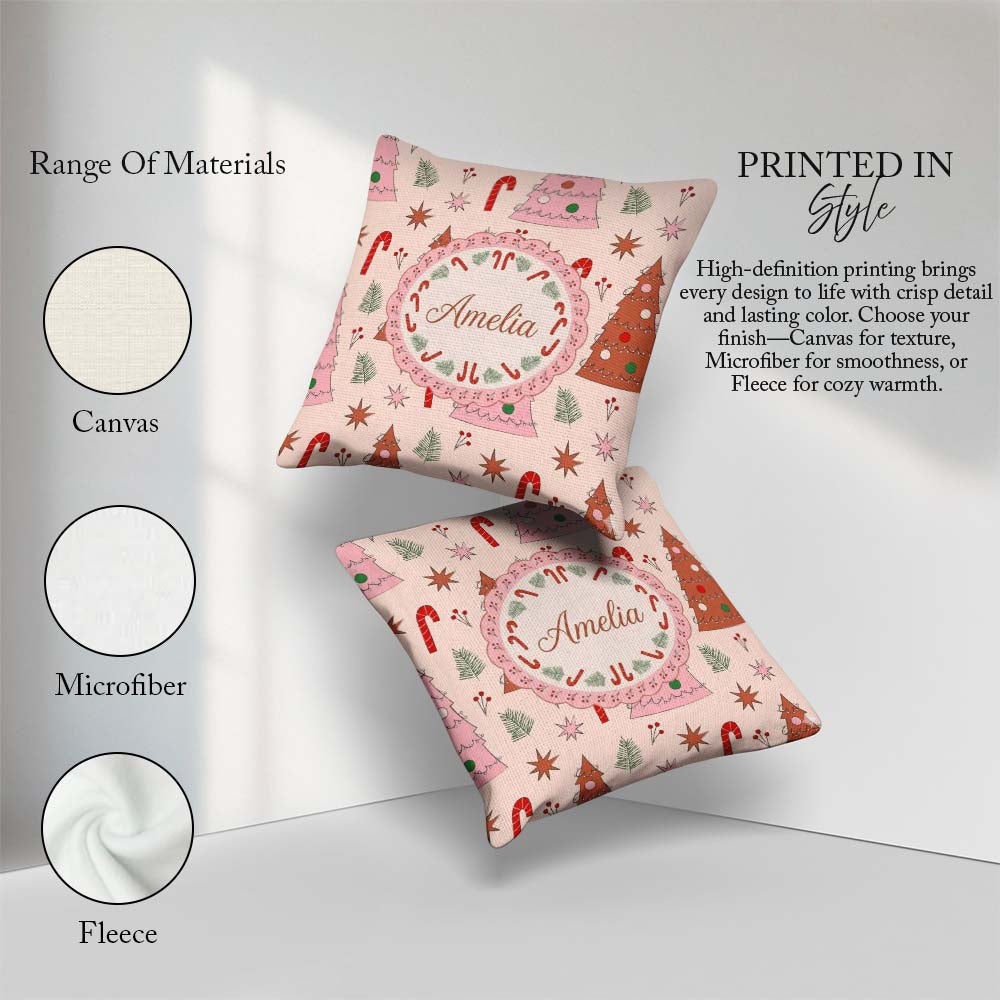 Custom Name Scandi Style Tree Candy Cane Seamless Pattern Lovely Square Filled Cushion Throw Pillow Sofa Bed Home Decor Zip Washable UK Made