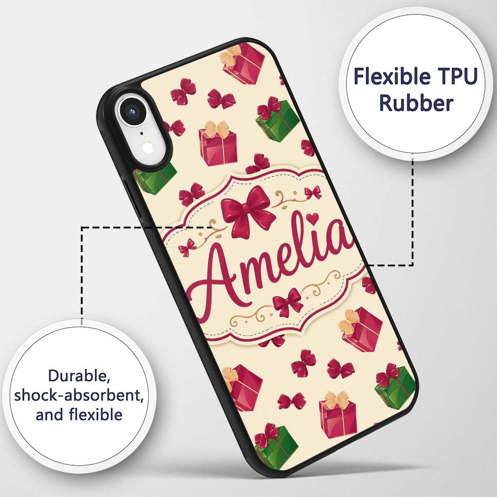 Cute Gift Box Ribbon Bow Festive Seamless Pattern Custom Name Protective Phone Case Mobile Cover Durable Everyday Smartphone Shock Resistant