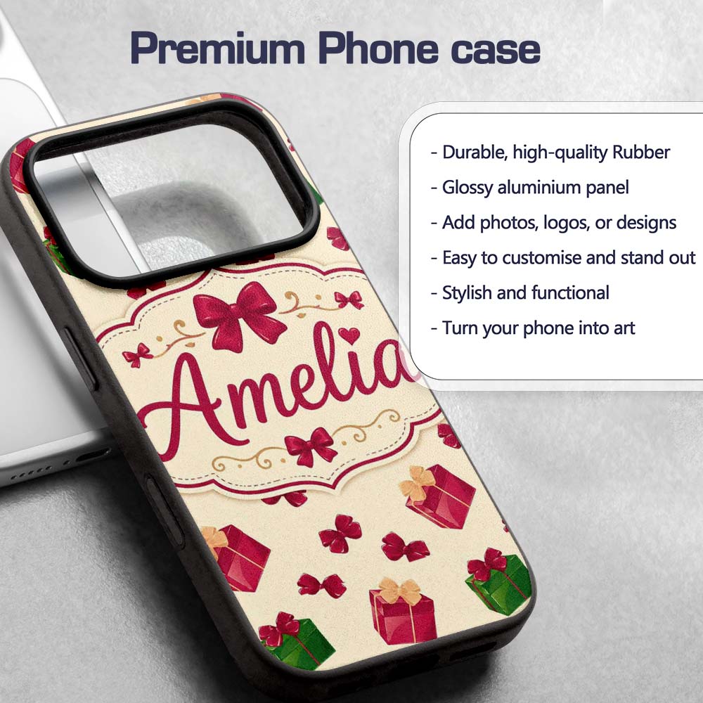 Cute Gift Box Ribbon Bow Festive Seamless Pattern Custom Name Protective Phone Case Mobile Cover Durable Everyday Smartphone Shock Resistant
