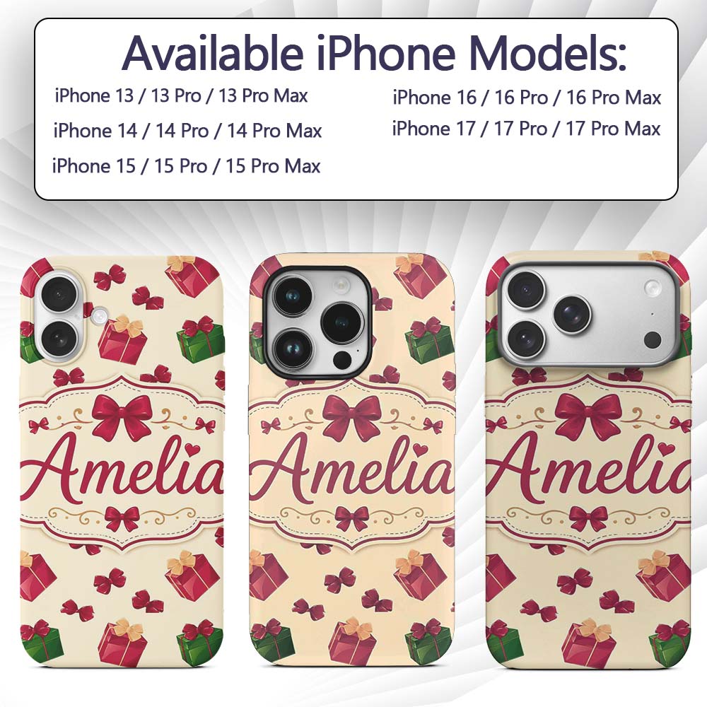 Cute Gift Box Ribbon Bow Festive Seamless Pattern Custom Name Protective Phone Case Mobile Cover Durable Everyday Smartphone Shock Resistant