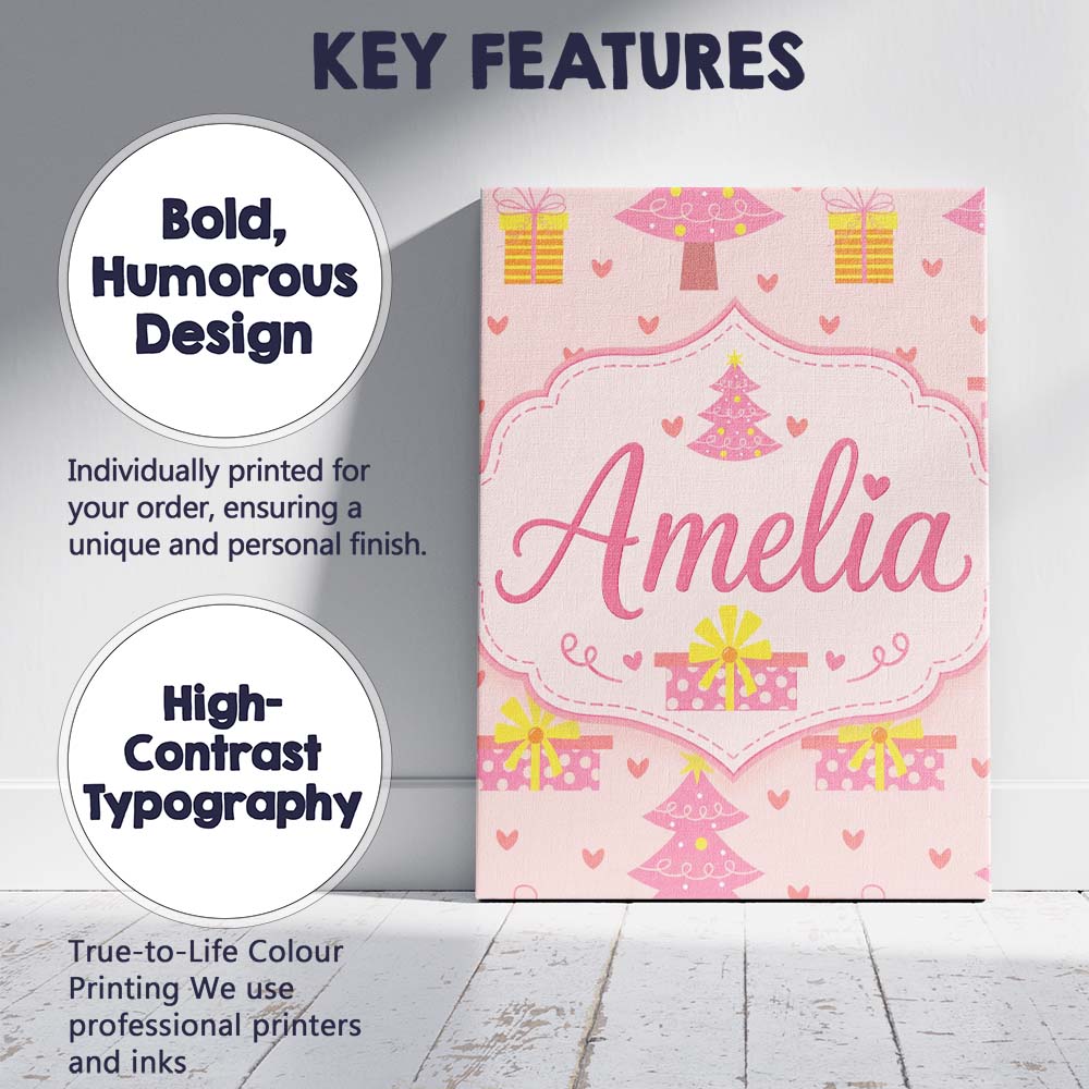 Personalised Name Cute Pink Christmas Tree Custom Unique Gift Idea Elegant Feature Canvas Wall Art Print Decor Picture Ready to Hang