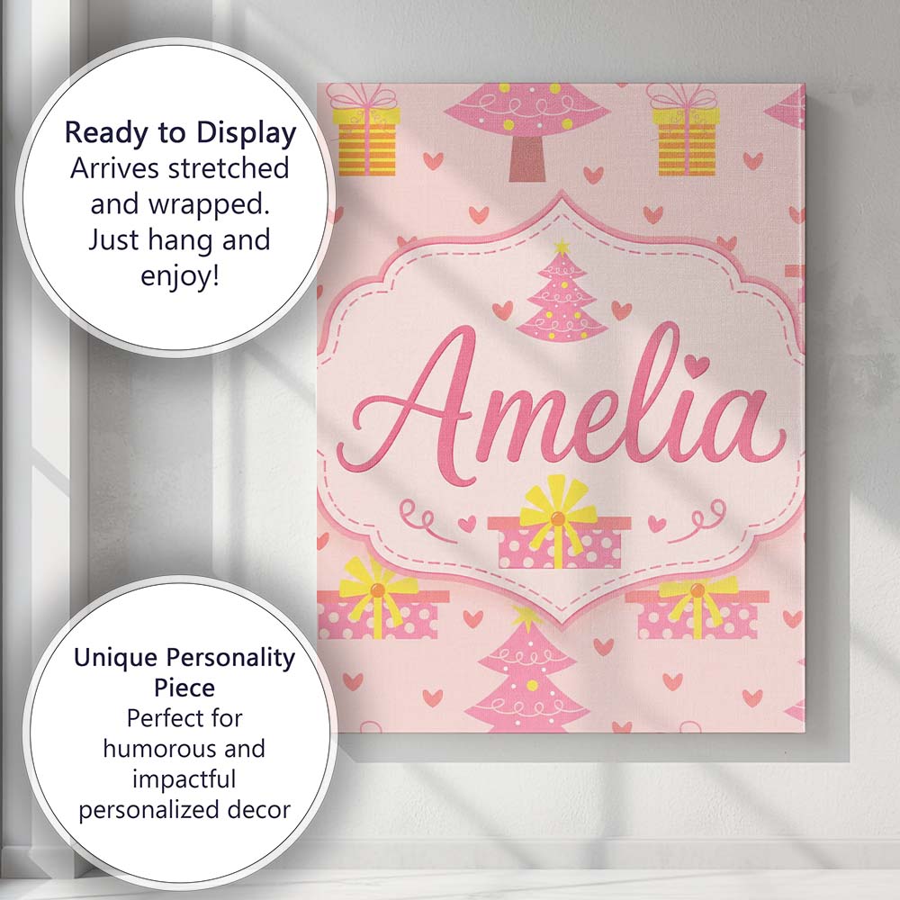 Personalised Name Cute Pink Christmas Tree Custom Unique Gift Idea Elegant Feature Canvas Wall Art Print Decor Picture Ready to Hang