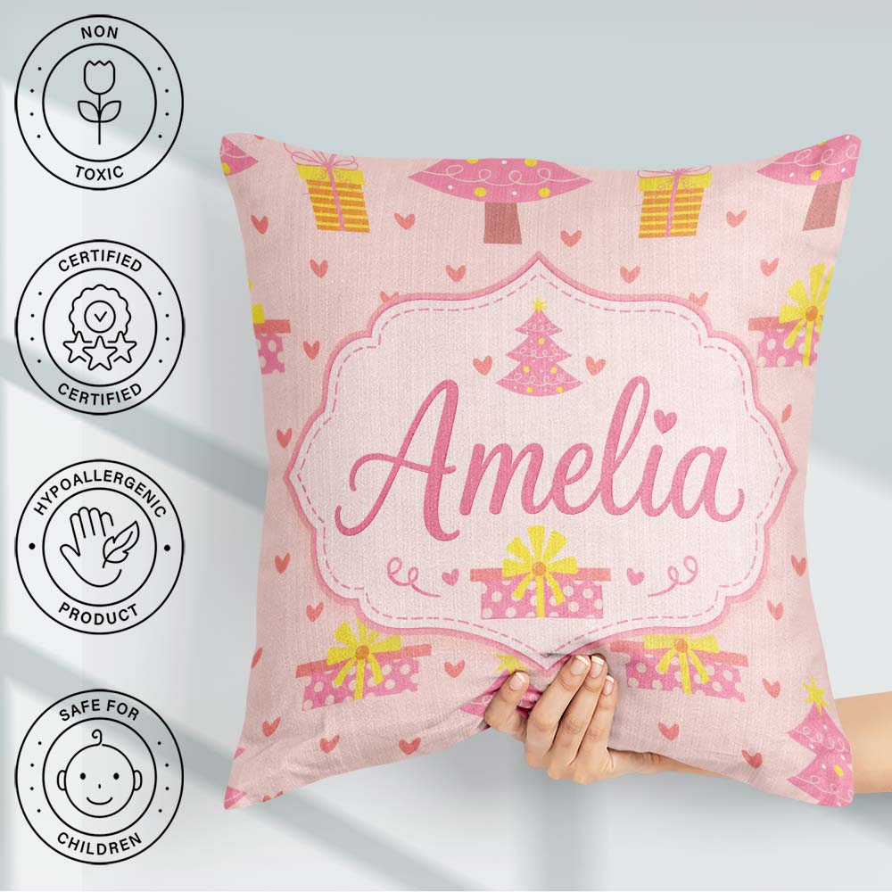 Custom Name Cute Pink Christmas Tree Hearts Seamless Pattern Square Filled Cushion Throw Pillow Sofa Bed Home Decor Zip Washable UK Made