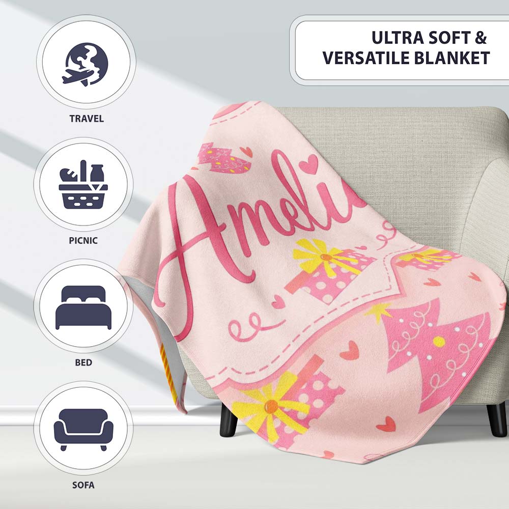 Cute Pink Christmas Tree Gift Hearts Seamless Pattern Lovely Personalised Custom Name Super Soft Fleece Blanket Bed Sofa Throw