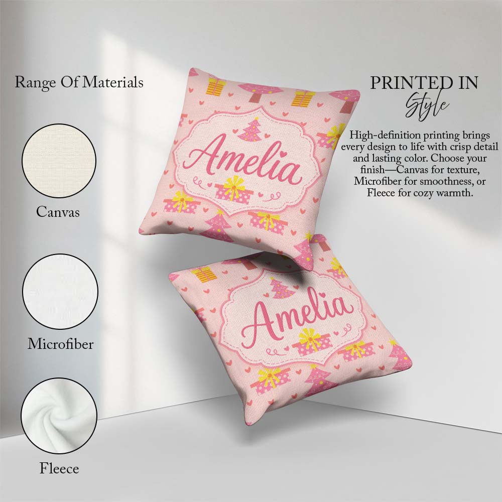 Custom Name Cute Pink Christmas Tree Hearts Seamless Pattern Square Filled Cushion Throw Pillow Sofa Bed Home Decor Zip Washable UK Made