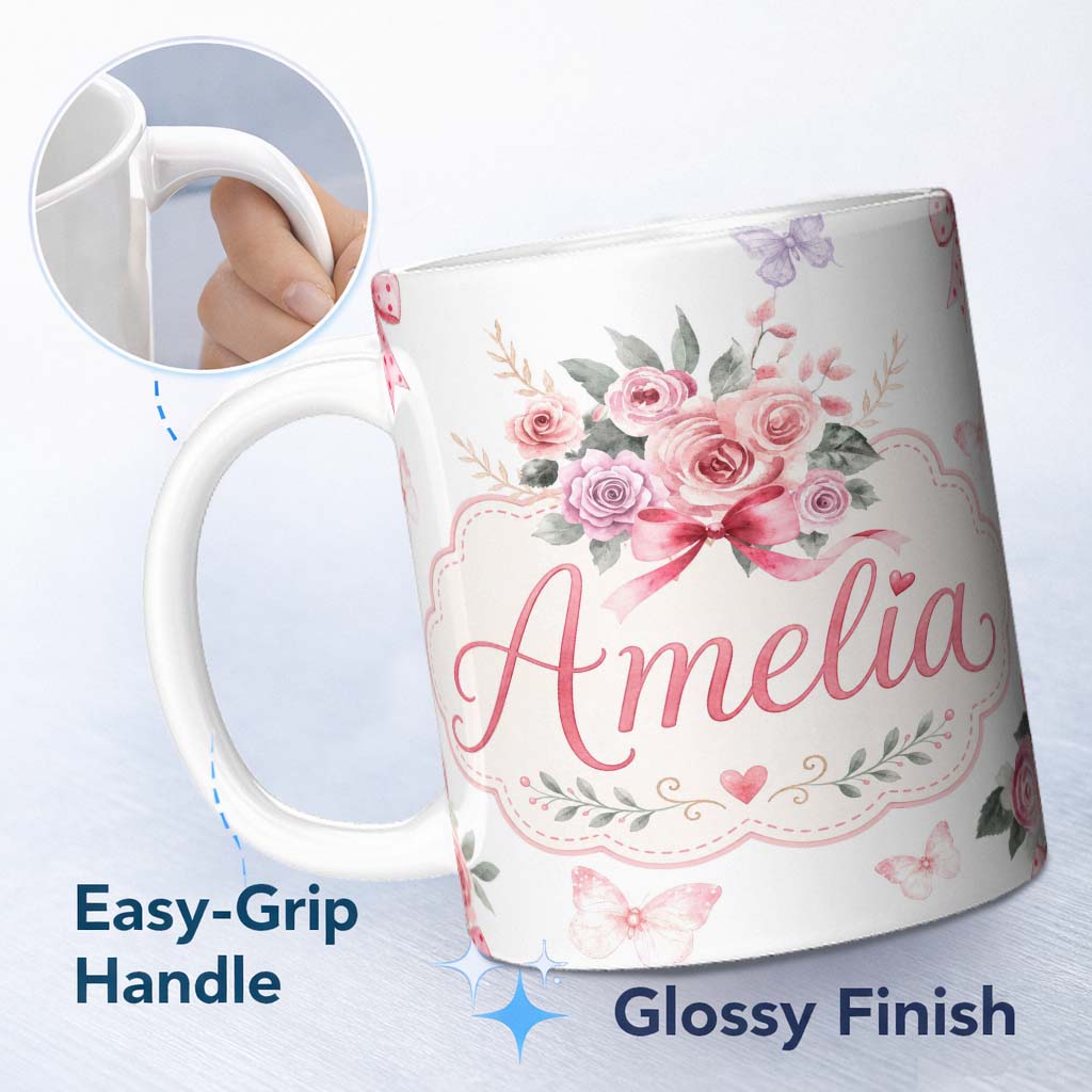 Personalized Custom Name Cute Watercolor Roses Bouquet with Red Ribbon Light Grey Background 11oz Ceramic Coffee Tea Mug White Large Handle