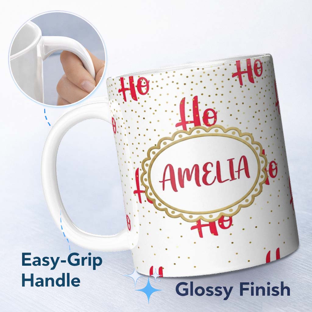 Personalized Custom Name Festive Ho Ho Ho Red Typography Gold Polka Dot Seamless Pattern 11oz Ceramic Coffee Tea Mug White Large Handle