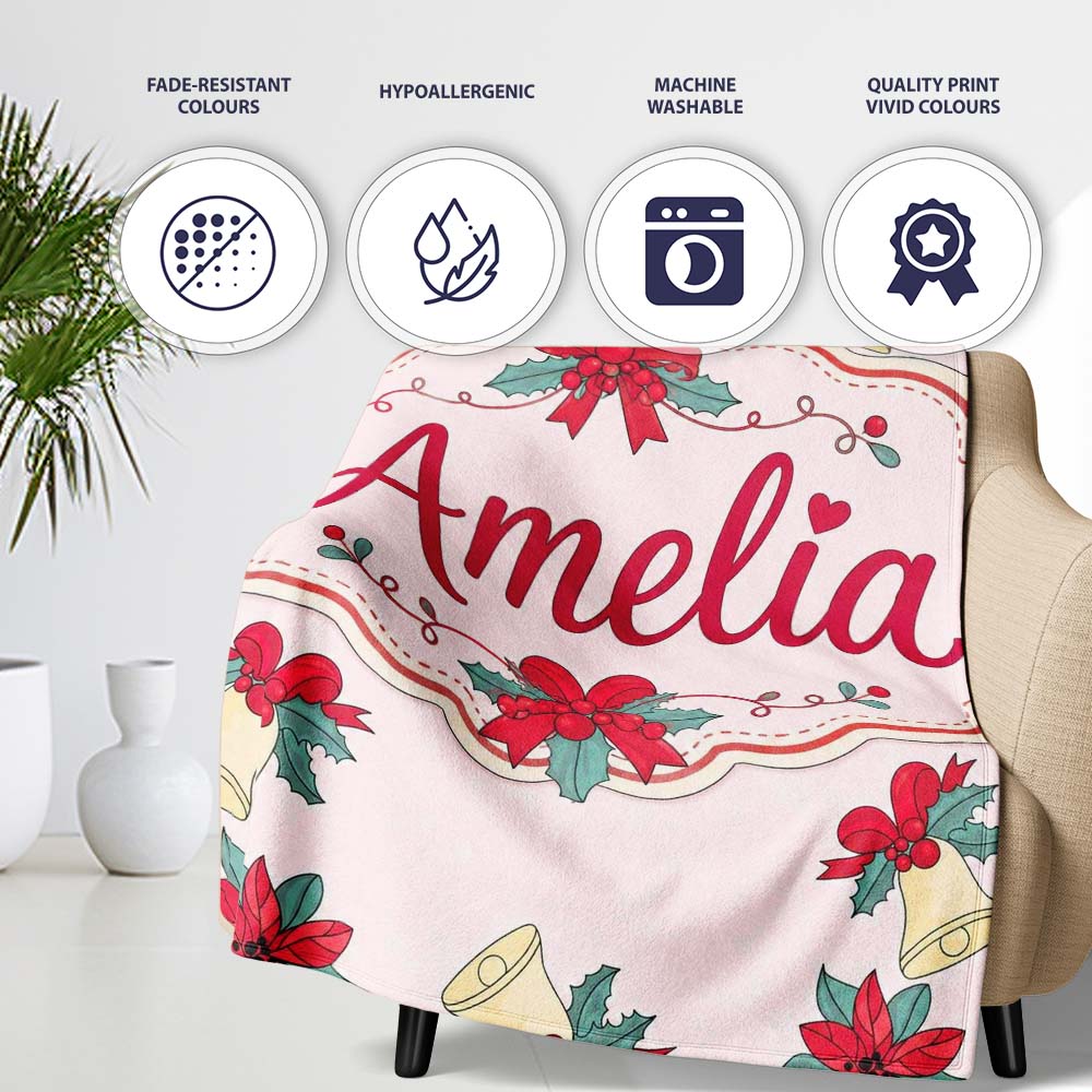 Poinsettia Flower Bell Holly Christmas Seamless Pattern Lovely Personalised Custom Name Super Soft Fleece Blanket Bed Sofa Throw