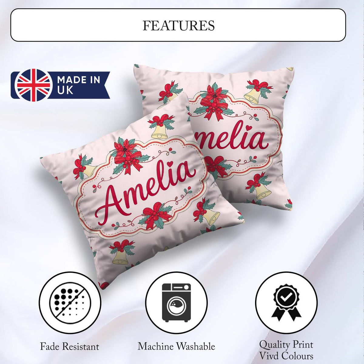 Custom Name Poinsettia Flower Bell Holly Seamless Pattern Lovely Square Filled Cushion Throw Pillow Sofa Bed Home Decor Zip Washable UK Made