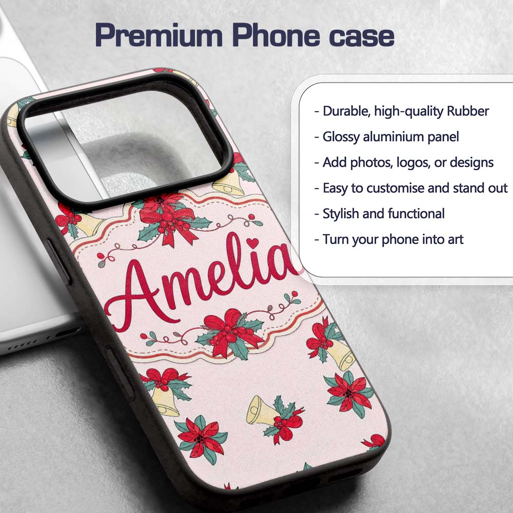 Poinsettia Flower Bell Holly Christmas Seamless Custom Name Protective Phone Case Mobile Cover Durable Everyday Smartphone Shock Resistant