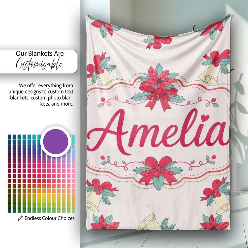 Poinsettia Flower Bell Holly Christmas Seamless Pattern Lovely Personalised Custom Name Super Soft Fleece Blanket Bed Sofa Throw