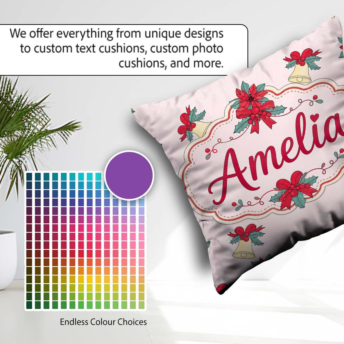 Custom Name Poinsettia Flower Bell Holly Seamless Pattern Lovely Square Filled Cushion Throw Pillow Sofa Bed Home Decor Zip Washable UK Made