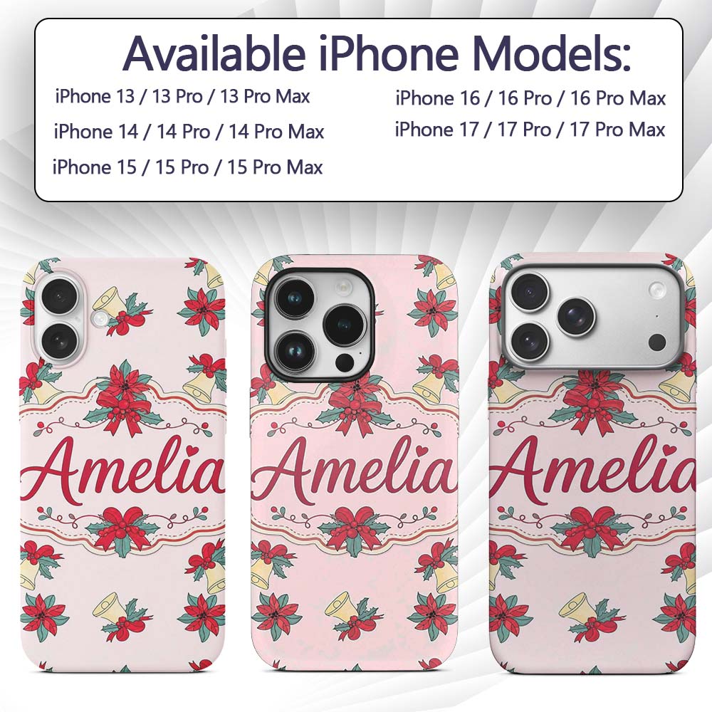 Poinsettia Flower Bell Holly Christmas Seamless Custom Name Protective Phone Case Mobile Cover Durable Everyday Smartphone Shock Resistant