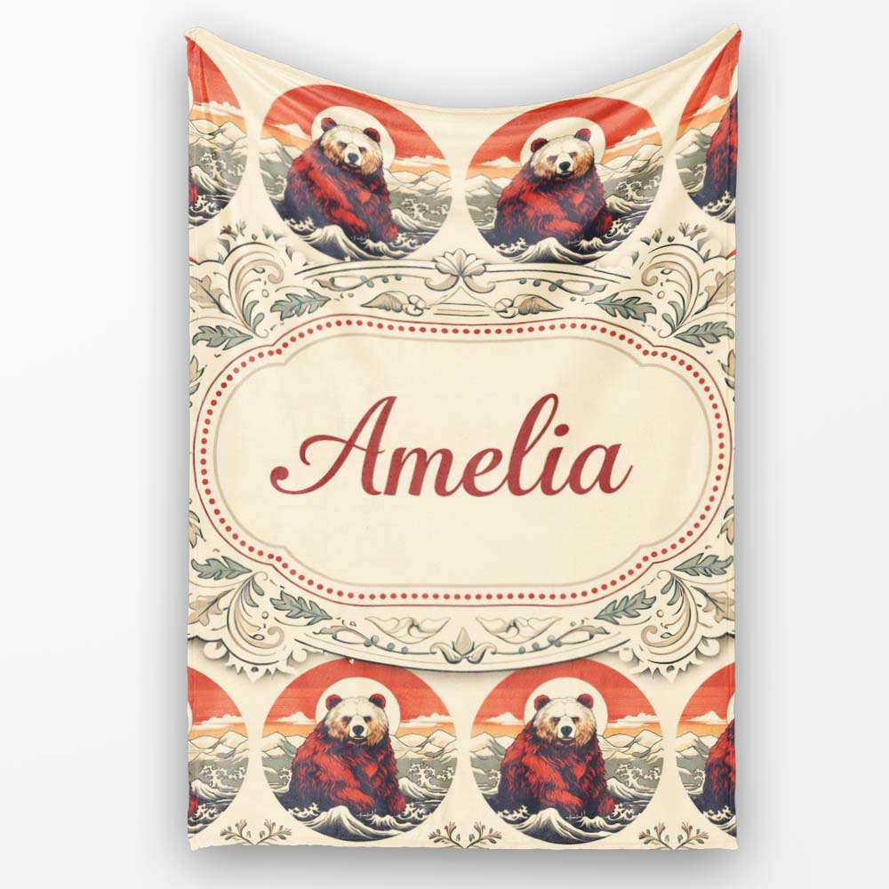 Bear Mountain Circle Seamless Pattern Vintage Forest Wildlife Design Personalised Custom Name Super Soft Fleece Blanket Bed Sofa Throw