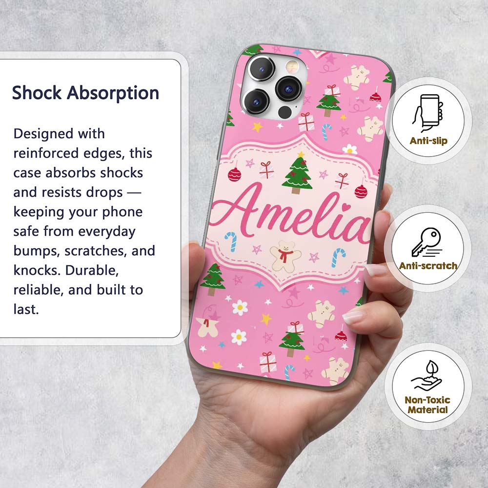 Cute Christmas Tree Gingerbread Cookie Candy Cane Custom Name Protective Phone Case Mobile Cover Durable Everyday Smartphone Shock Resistant