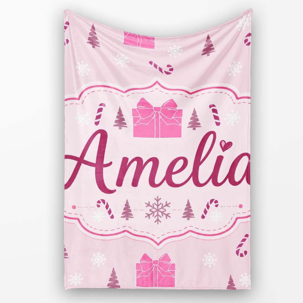 Cute Pink Gift Box Candy Cane Snowflake Seamless Pattern Lovely Personalised Custom Name Super Soft Fleece Blanket Bed Sofa Throw