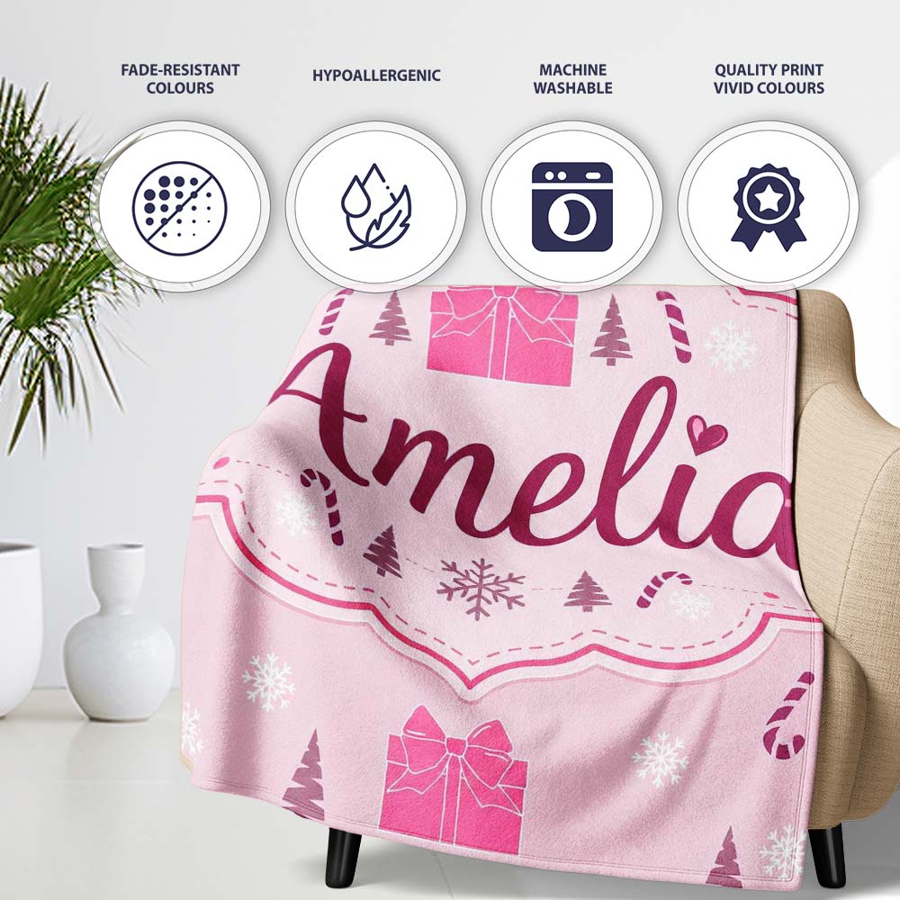 Cute Pink Gift Box Candy Cane Snowflake Seamless Pattern Lovely Personalised Custom Name Super Soft Fleece Blanket Bed Sofa Throw