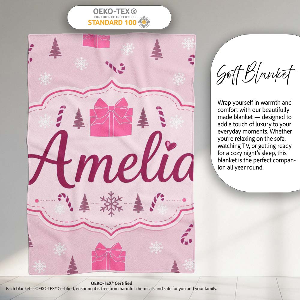 Cute Pink Gift Box Candy Cane Snowflake Seamless Pattern Lovely Personalised Custom Name Super Soft Fleece Blanket Bed Sofa Throw