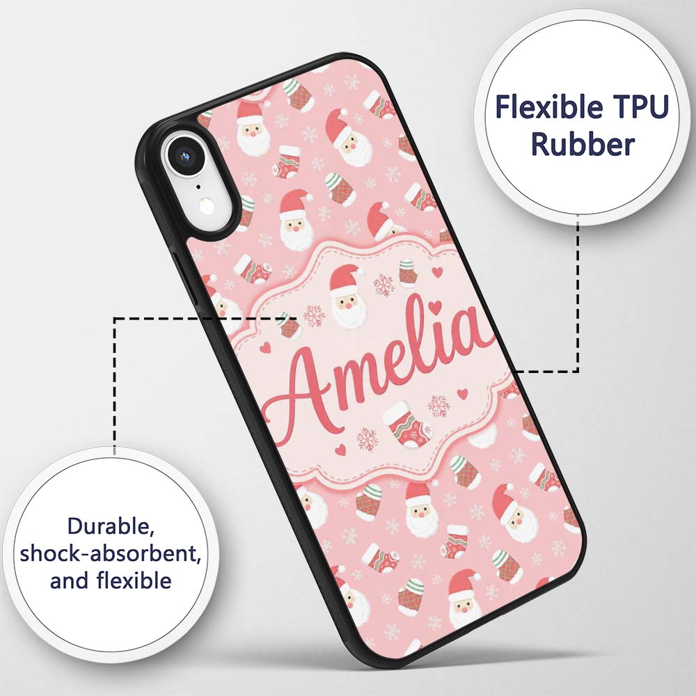 Cute Santa Face Mittens Snowflake Printed Design Custom Name Protective Phone Case Mobile Cover Durable Everyday Smartphone Shock Resistant