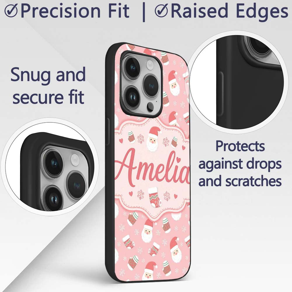 Cute Santa Face Mittens Snowflake Printed Design Custom Name Protective Phone Case Mobile Cover Durable Everyday Smartphone Shock Resistant