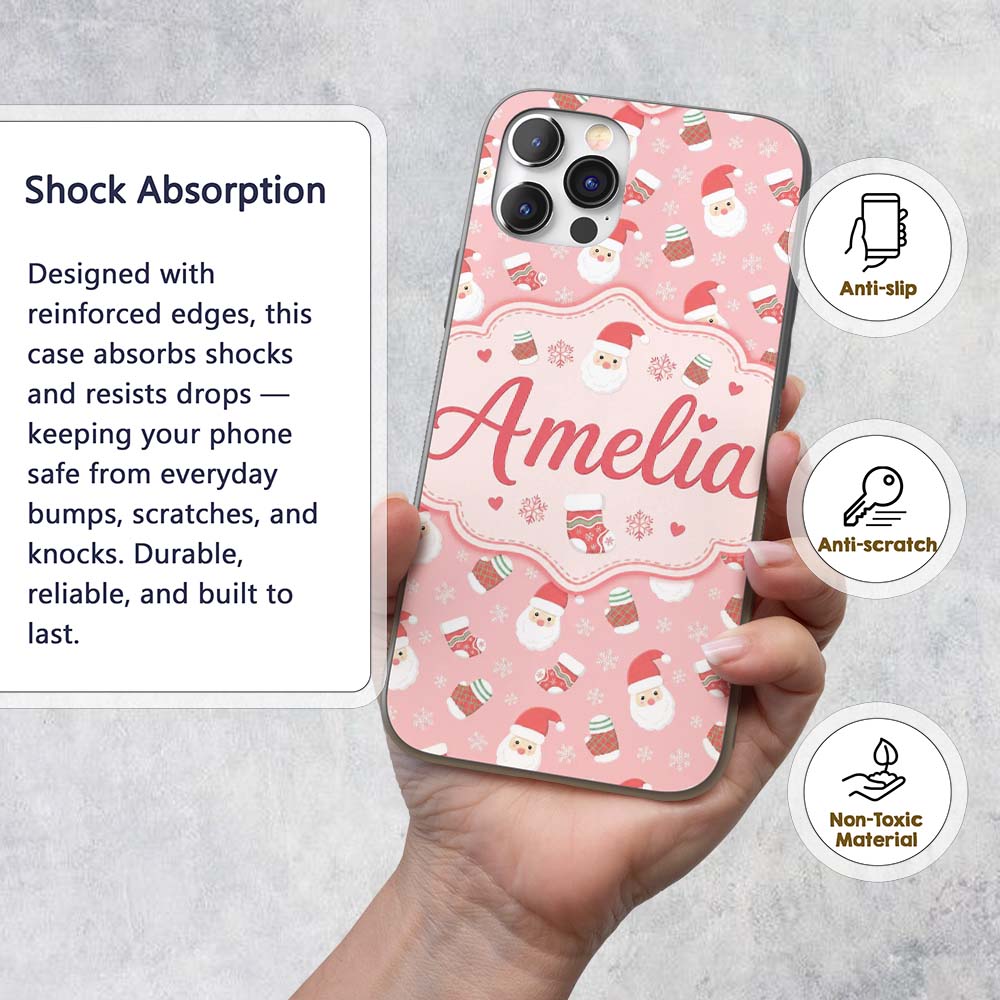 Cute Santa Face Mittens Snowflake Printed Design Custom Name Protective Phone Case Mobile Cover Durable Everyday Smartphone Shock Resistant