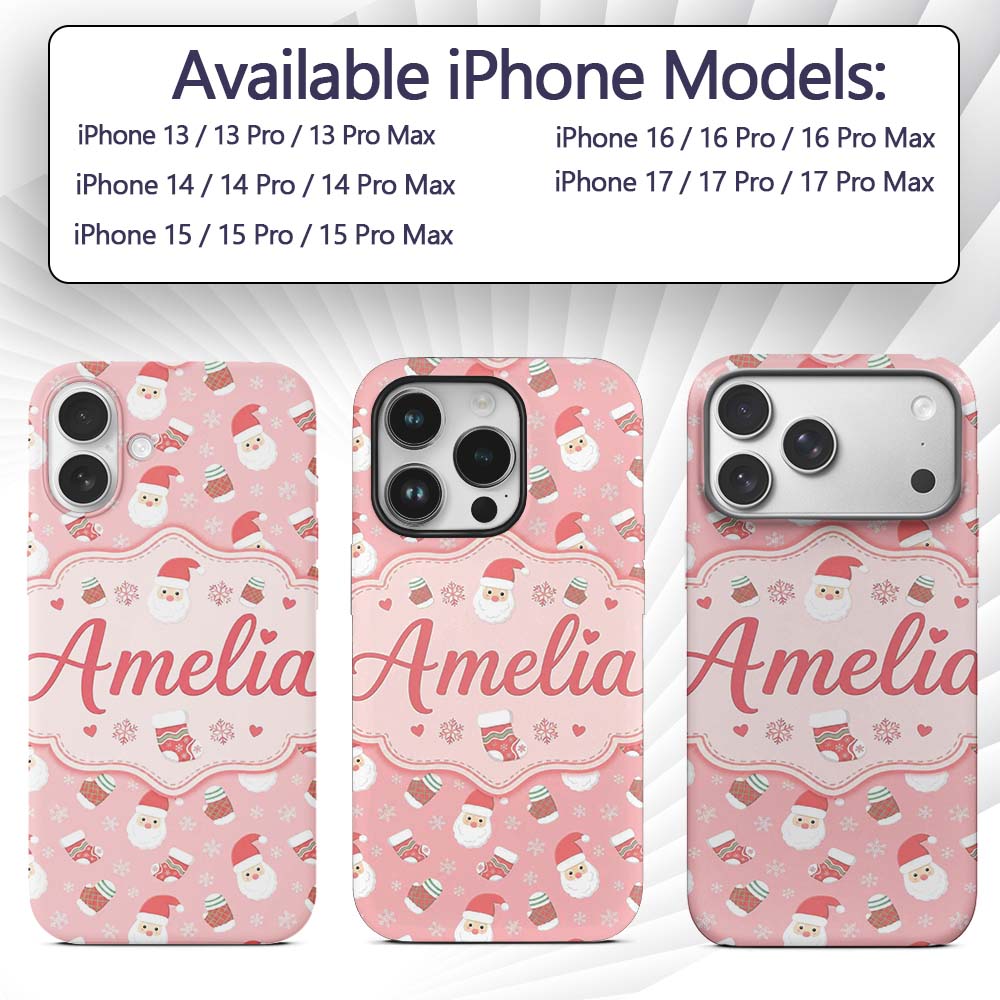 Cute Santa Face Mittens Snowflake Printed Design Custom Name Protective Phone Case Mobile Cover Durable Everyday Smartphone Shock Resistant