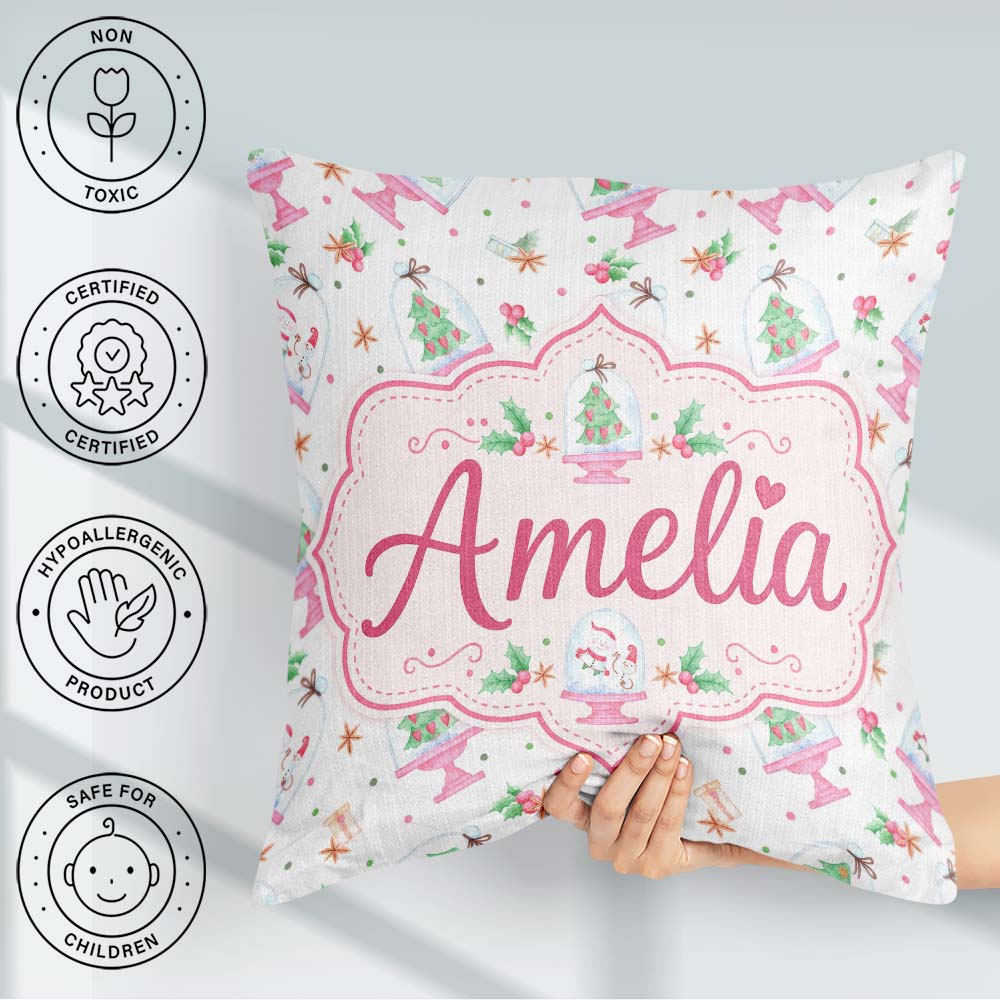 Custom Name Watercolor Christmas Snow Globe Tree Holly Seamless Square Filled Cushion Throw Pillow Sofa Bed Home Decor Zip Washable UK Made