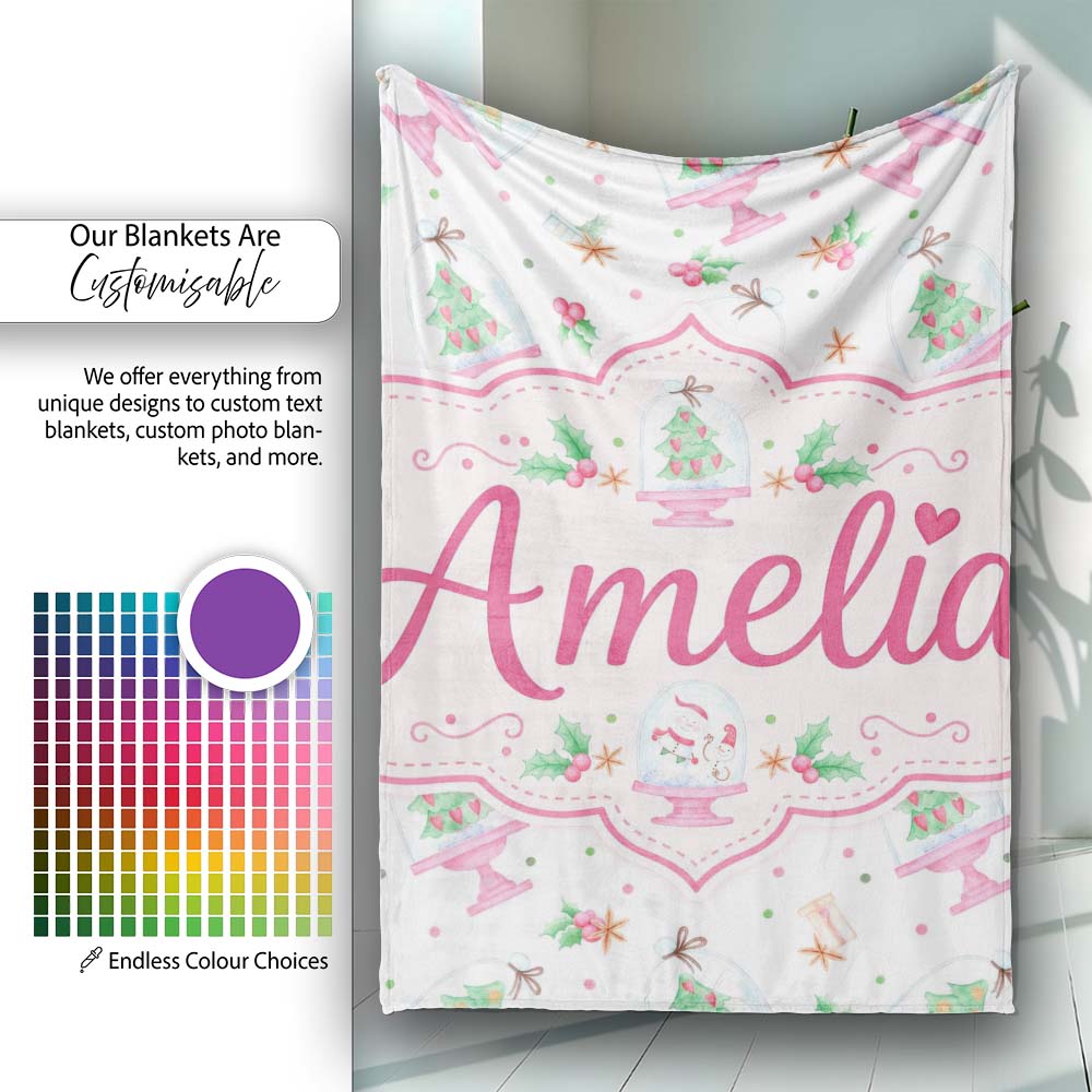 Watercolor Christmas Snow Globe Tree Holly Seamless Pattern Lovely Personalised Custom Name Super Soft Fleece Blanket Bed Sofa Throw