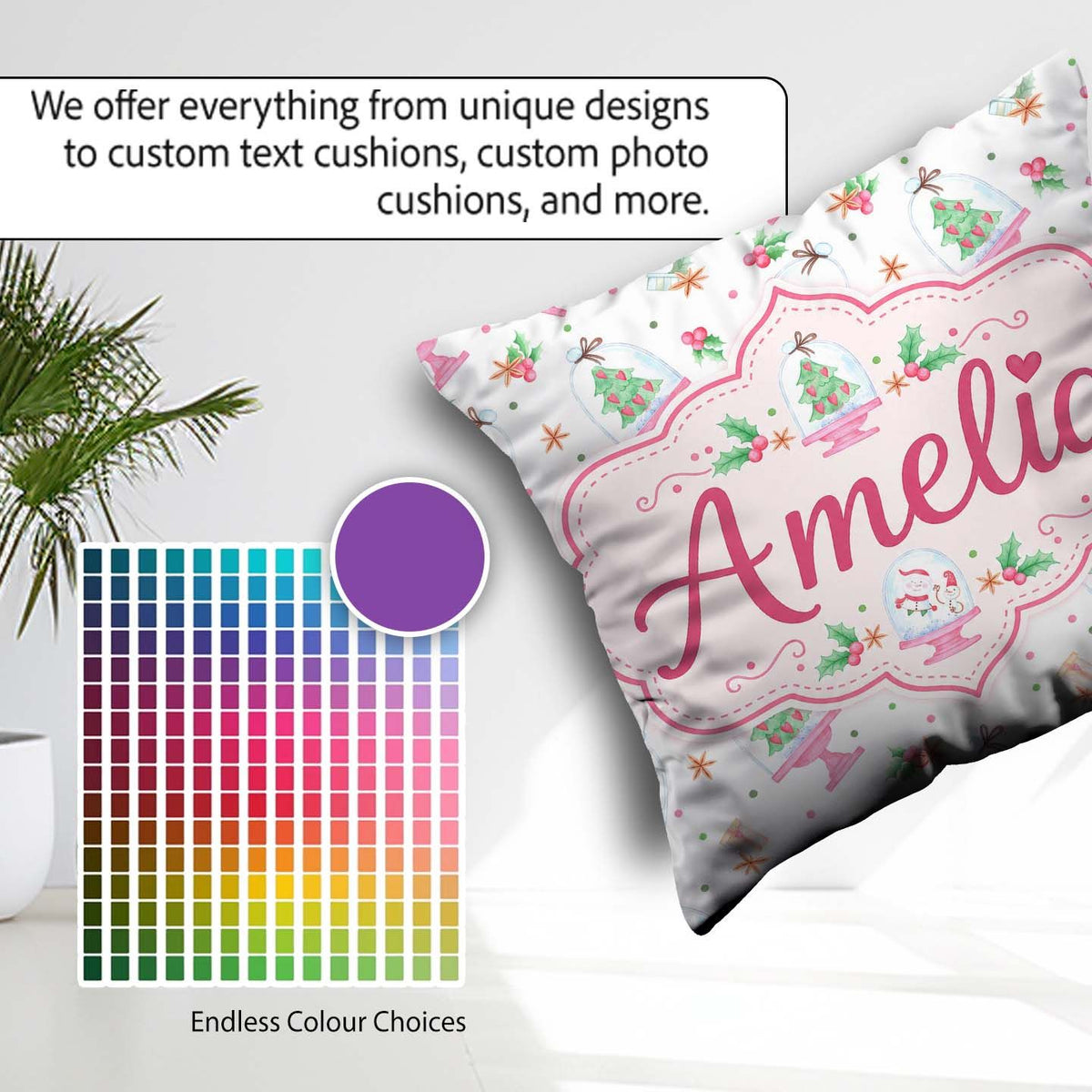Custom Name Watercolor Christmas Snow Globe Tree Holly Seamless Square Filled Cushion Throw Pillow Sofa Bed Home Decor Zip Washable UK Made