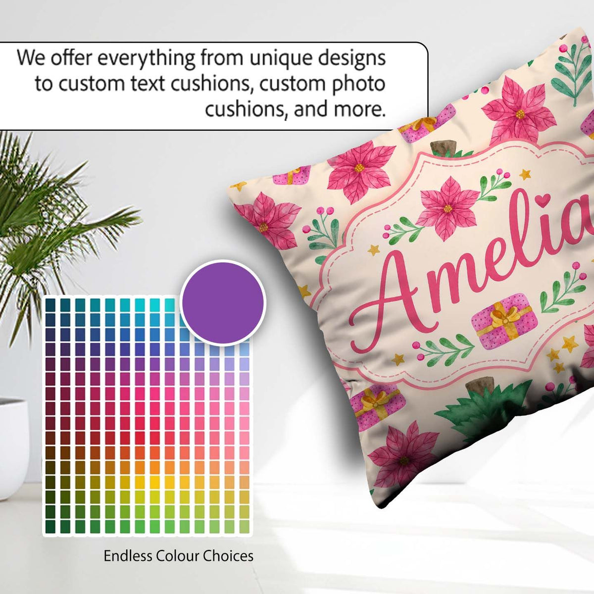Custom Name Watercolor Christmas Tree Poinsettia Seamless Lovely Square Filled Cushion Throw Pillow Sofa Bed Home Decor Zip Washable UK Made