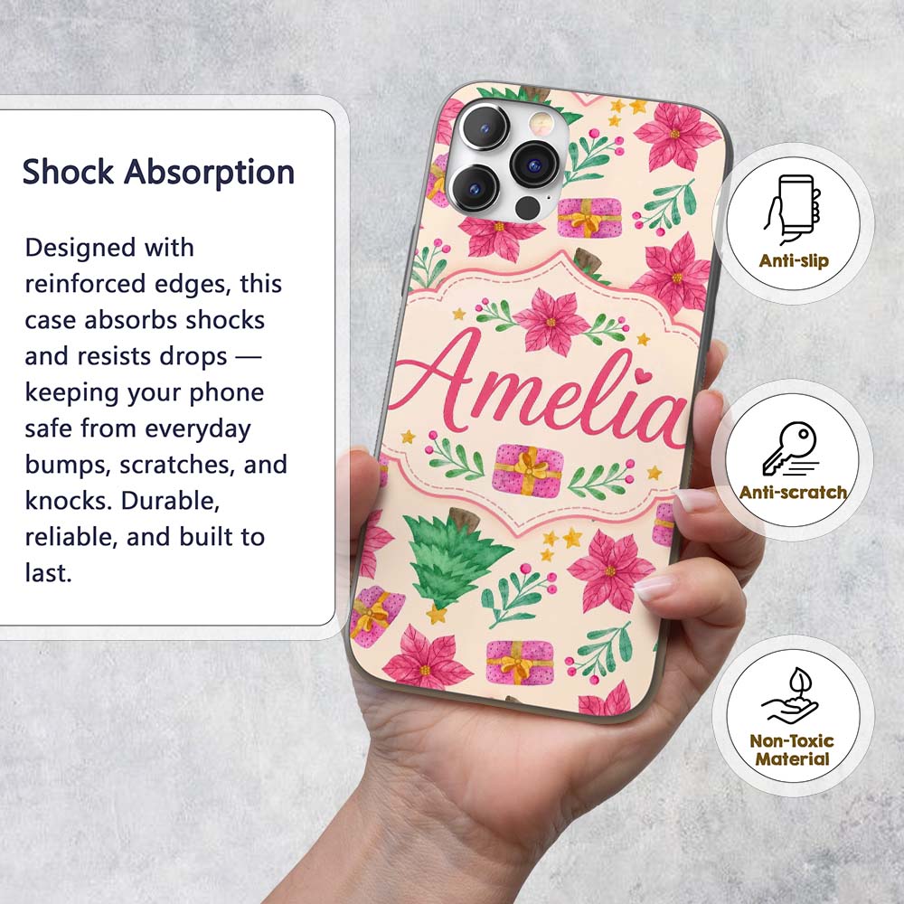 Watercolor Christmas Tree Poinsettia Gift Seamless Pattern Custom Name Protective Phone Case Mobile Cover Durable Smartphone Shock Resistant
